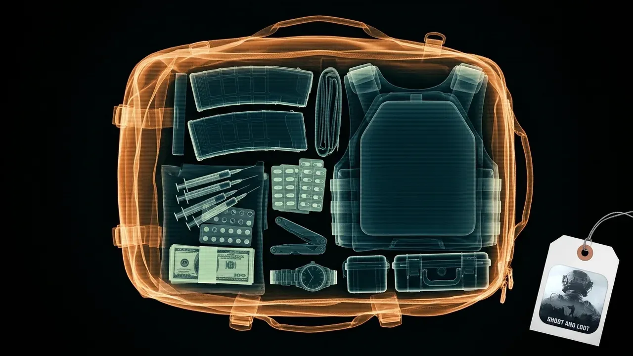 A tela de um scanner de segurança de aeroporto mostrando o raio-x de uma mochila de raid lotada, com as silhuetas translúcidas em laranja e azul de carregadores de fuzil, kits médicos, um colete tático dobrado e caixas de loot empilhadas brilhando através do tecido contra um fundo preto. Uma etiqueta de bagagem colorida com o ícone do app Arena Breakout está presa no canto inferior direito da tela.
