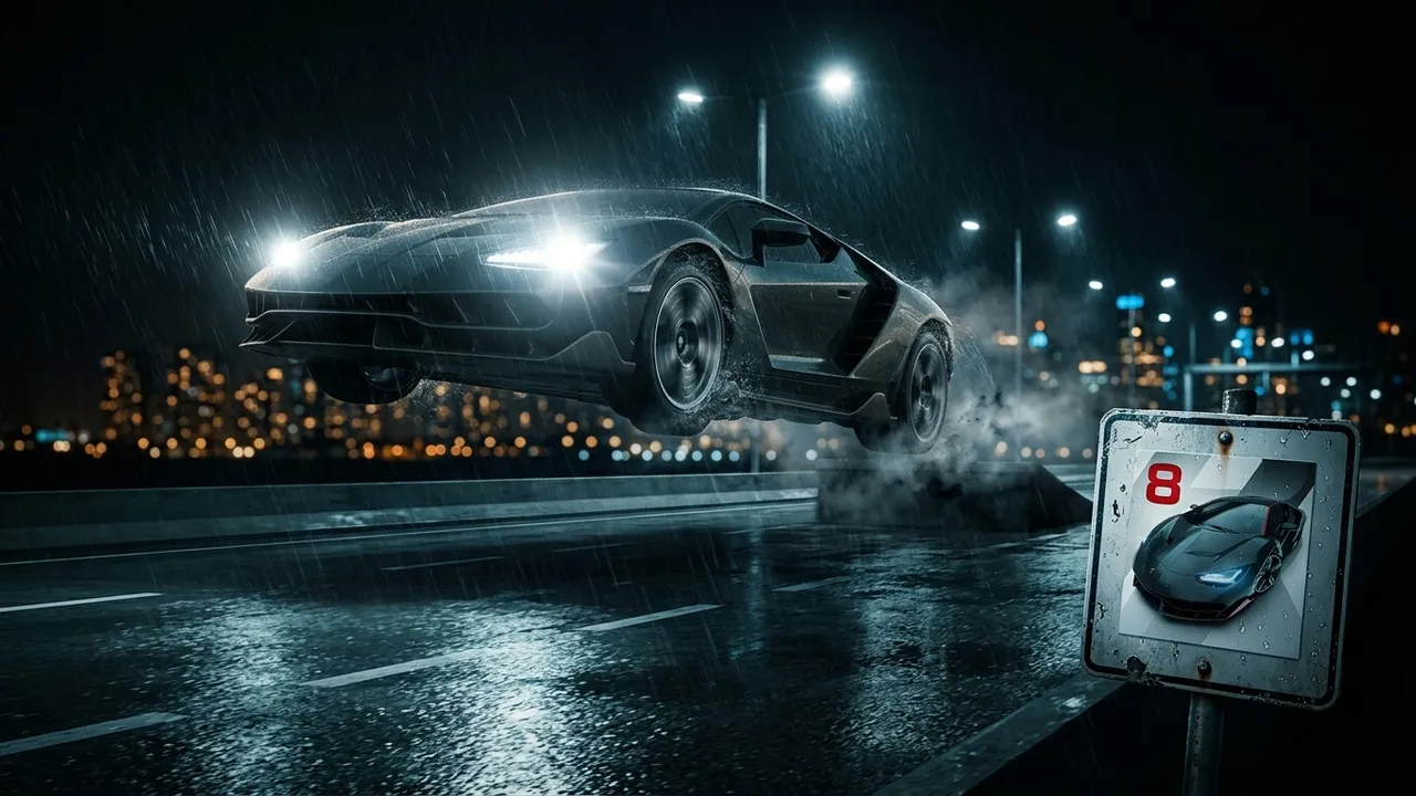 Ein markenloser Supersportwagen fliegt im Regen über einer nassen Autobahn bei Nacht, die Scheinwerfer strahlen in die Kamera, Gischt spritzt von den Rädern und über der Rampe dahinter hängt noch Reifenrauch. Hinter der Leitplanke steht unscharf eine Skyline, und auf einem verwitterten Emailleschild am Fahrbahnrand sitzt das App-Symbol von Asphalt 8: Airborne.