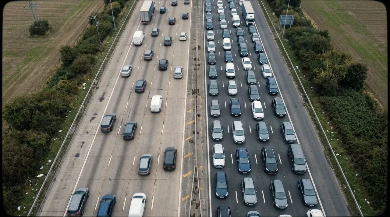 Luftaufnahme einer Autobahn bei Tageslicht, von oben fotografiert und durch eine Mittelleitplanke geteilt. Auf der linken Fahrbahn rollt der Verkehr mit weiten Abständen und leichter Bewegungsunschärfe, auf der rechten steht alles dicht an dicht über alle Spuren