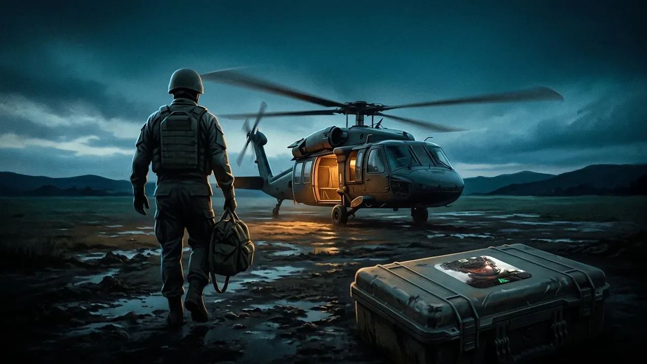A painted night scene of a lone soldier seen from behind, walking away across wet muddy ground toward a waiting transport helicopter whose open side door throws warm amber light across the water. He carries a heavy kit bag low in one hand. In the foreground a scuffed hard equipment case lies closed in the mud with the Delta Force Mobile app icon fixed to its lid.