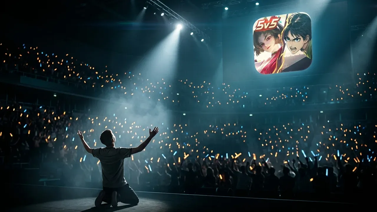Ein einzelner Wettkämpfer von hinten gesehen, kniet im Spotlight vorn auf einer Esports-Bühne mit erhobenen Armen, vor ihm eine dunkle Arena voller tausender Leuchtstäbe, über der Menge füllt das Honor-of-Kings-App-Symbol den riesigen Bühnenbildschirm.