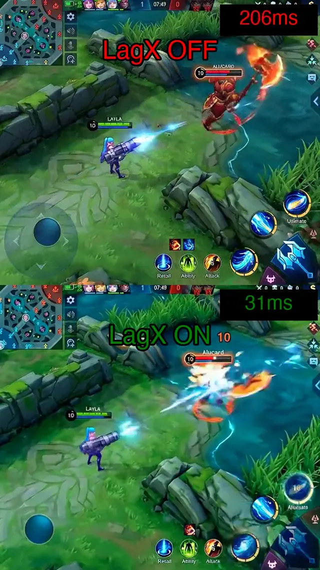 Split-screen Mobile Legends test match: 206 ms without LagX on top, 31 ms with LagX on the bottom